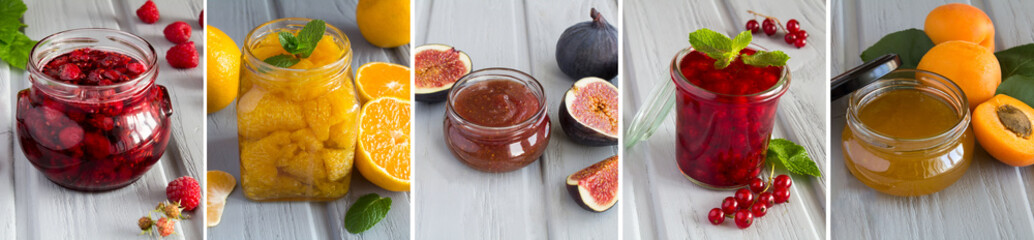 Collage of different jam in the glass jar on the gray wooden background. Closeup.