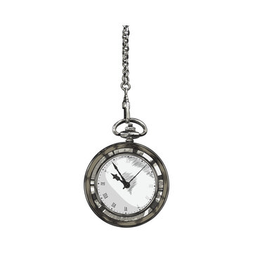 Ancient pocket watch or chronometer on chain, vector illustration isolated.