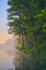 Morning fog over calm lake. High quality photo