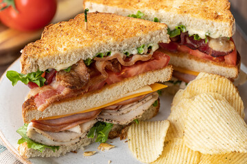 Closeup of club sandwich on a plate