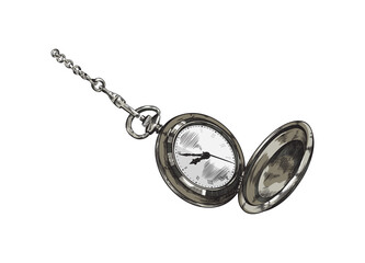 Antique pocket watch with chain, hand drawn sketch vector illustration isolated on white background.