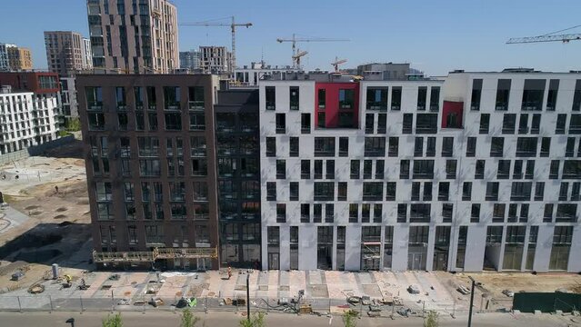 Drone aerial view modern building Residential complex Nice town. Construction of residential premises. Kyiv capital of Ukraine
