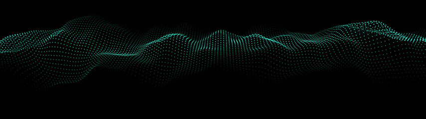 Obraz premium A moving digital 3d wave. Futuristic dark background with dynamic green particles. The concept of big data. Cyberspace. Vector illustration.