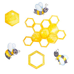 Watercolor honey set, bees and honeycombs