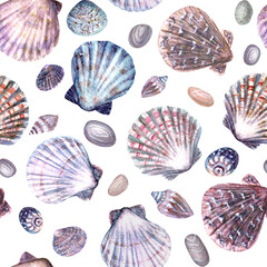Watercolor sea shells and stones seamless pattern. Hand drawn ocean background