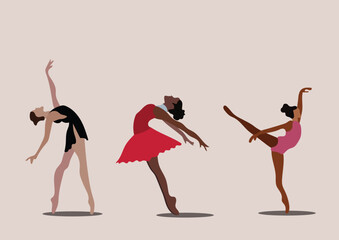 A set of ballerina dancers in point feet vector illustration. Elegant and classic girls with beautiful poses. Classic ballet dancers.
