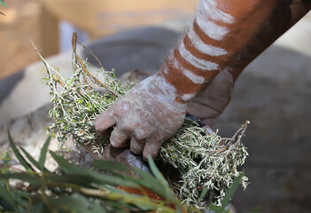 Human hands with green branches of eucalyptus and fire, the fire ritual rite at a indigenous...