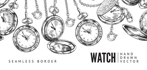 Seamless border with pocket watches, hand drawn vector illustration isolated. - obrazy, fototapety, plakaty