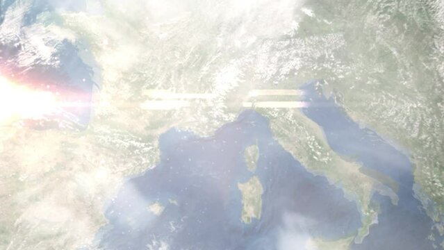 Flight from Nice Airport to Paris with zoom from space and focus. 3D animation. Background for travel intro by plane. Images from NASA