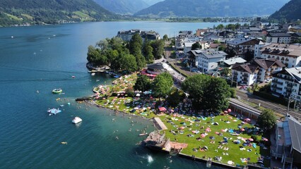 Fototapeta na wymiar Austrian Lake in the middle of Mountain Range - Ariel Drone Shot
