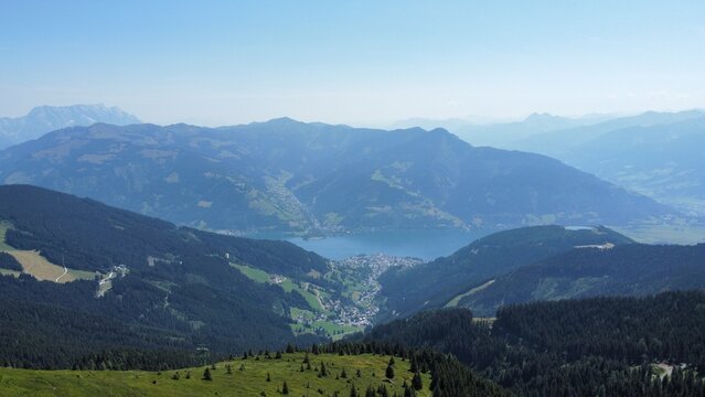 Lake Zel Am See, Austria in Mountain Range - Ariel Drone shot
