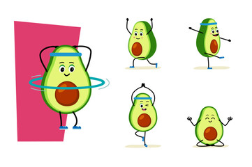 Set Vector illustration concept healthy lifestyle. Cute strong Avocado character meditate in yoga pose.