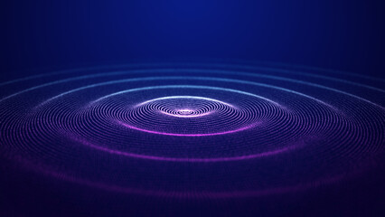 Futuristic dark background. The ripple effect of a web of blue and pink dots. Big data. Illustration of technologies and artificial intelligence. The effect of particle oscillation. 3D rendering.