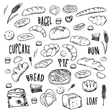 Bread outline icons. Drawing rye, whole grain and wheat bread, pretzel, muffin, pita , ciabatta, croissant, bagel, toast bread, french baguette for design menu bakery. Vector illustration.