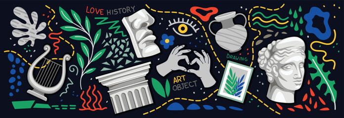 Set of classical and contemporary art objects. Medieval marble monuments, sculptures and busts, paintings, musical instruments and vases. Cartoon flat vector collection isolated on black background