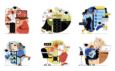 Online education concept. Men and women learning remote courses and getting new profession. Webinars on makeup, cooking and guitar playing. Cartoon flat vector collection isolated on white background