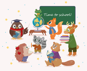Set of School animal characters. Education and study. Deer, raccoon, fox, hedgehog and beaver with books, globe and school supplies. Owl teacher with pointer. Cartoon flat vector illustration