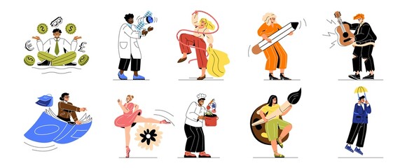 Fototapeta premium Set of creative characters and their activity. Men and women dance, draw, play guitar, cook, read book and make scientific discoveries. Different hobbies or professions. Cartoon flat vector collection