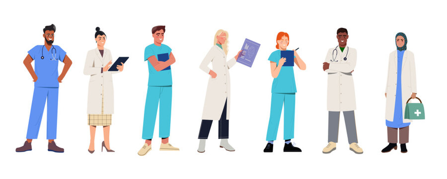 Set of different multinational doctors. Male and female therapists, nurses and general practitioners in uniform. Medicine and healthcare. Cartoon flat vector collection isolated on white background