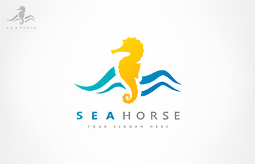 Seahorse and wave logo vector. Underwater design. © Natalia Iachimova