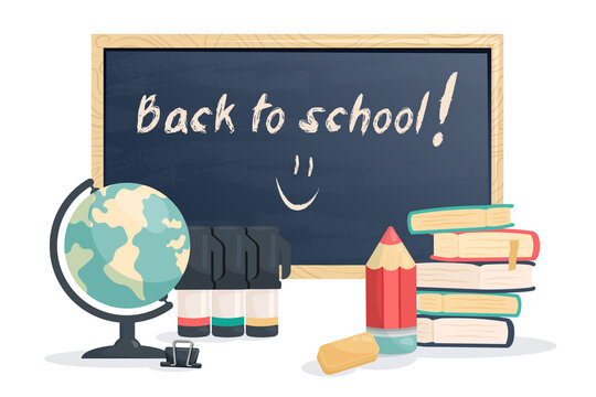 Back to school background with school supplies set. School banner. Books, textbooks, chalkboard, globe, pens, pencils, stationery. Education, knowledge,  study concept. Vector cartoon illustration