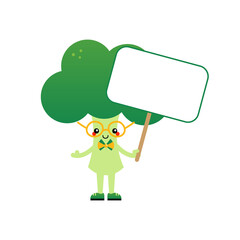 Cute and smart cartoon style broccoli character holding in hand blank card, banner.