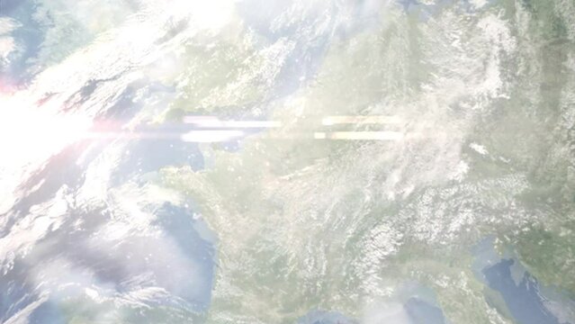 Flight from Paris Airport to New York with zoom from space and focus. 3D animation. Background for travel intro by plane. Images from NASA