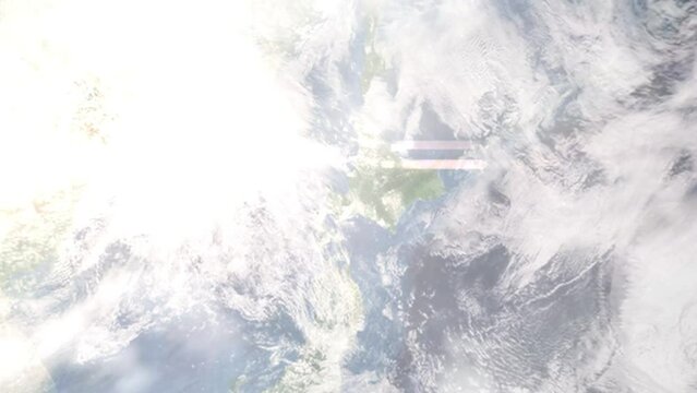 Flight from Sapporo Airport to Tokyo with zoom from space and focus. 3D animation. Background for travel intro by plane. Images from NASA