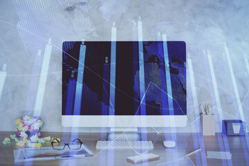 Forex graph hologram on table with computer background. Double exposure. Concept of financial markets.