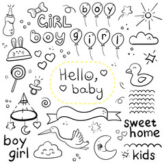 Baby Nursery Traditional Doodle Icons Sketch Hand Made Design Vector New Born