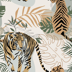 Tigers seamless pattern with tropical leaves background Vector
