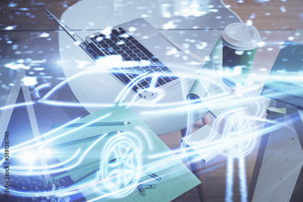 Aufkleber Desktop computer background in office with automobile hologram drawing. Multi exposure. Tech concept.