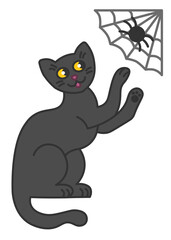 Cartoon vector illustration of smiling black cat with yellow eyes plays with cobweb and spider on it. Fun Halloween spooky drawing for print, poster, banner, invitation card
