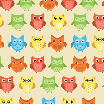 Cute colourful owl faces seamless pattern for childish design of wrapping paper, fabric, textile, baby card, poster, invitation, graphic, print. Flat cartoon doodle vector illustration