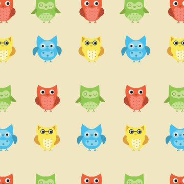 Cute colourful owl faces seamless pattern for childish design of wrapping paper, fabric, textile, baby card, poster, invitation, graphic, print. Flat cartoon doodle vector illustration