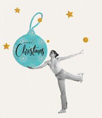 Contemporary art collage. Creative design. Cheerful young woman holding Christmas tree decoration. Preparing to celebrate