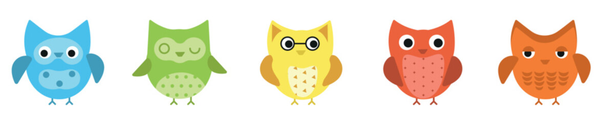 Pretty colourful little owl avatars set. Cute animal faces vector illustration for baby card, poster, invitation, graphic, print. Children's textile design in a flat cartoon style isolated element