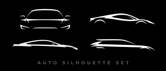 Sports car logo icon set. Motor vehicle dealership emblems. Auto silhouette garage symbols. Vector illustration.
