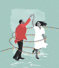 Contemporary art collage. Creative design. Beautiful couple cheerfully dancing, celebrating...
