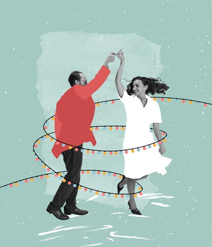 Contemporary art collage. Creative design. Beautiful couple cheerfully dancing, celebrating together winter holidays
