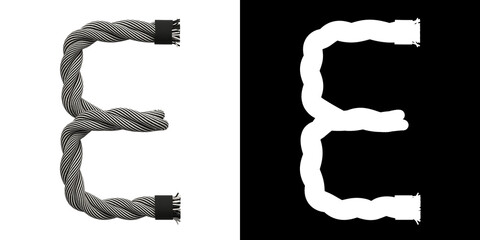 Letter E made of rope woven from white and black threads, isolated on white with clipping mask, 3d rendering