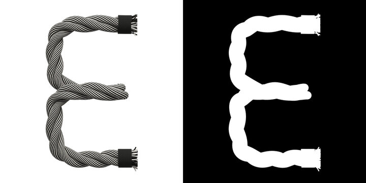 Letter E made of rope woven from white and black threads, isolated on white with clipping mask, 3d rendering