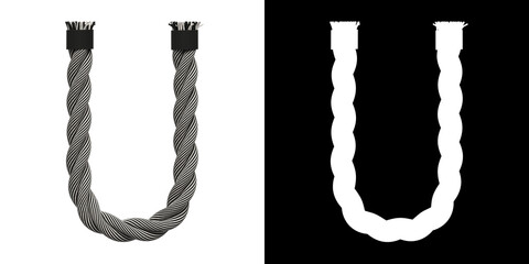 Letter U made of rope woven from white and black threads, isolated on white with clipping mask, 3d rendering