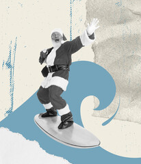 Contemporary art collage. Creative design. Senior man in image of Santa Claus surfing, making joy