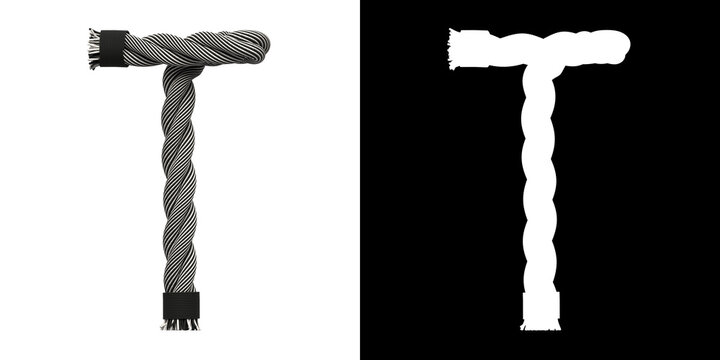 Letter T made of rope woven from white and black threads, isolated on white with clipping mask, 3d rendering