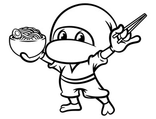 Cartoon illustration of Funny Ninja Warrior holding a bowl of ramen noodles and chopsticks, get ready to eat, best for mascot, logo, and coloring book with Japanese Food themes