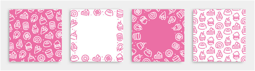Sweets and cake icon pattern background for graphic design.Square vector template set.