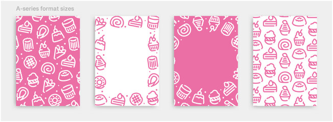 Sweets and cake icon pattern background for graphic design.A-size vertical vector template set.