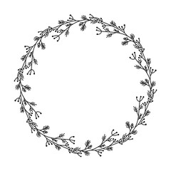 Beautiful wreath frame of wildflowers. Black and white illustration of a wreath with space for text for your design.