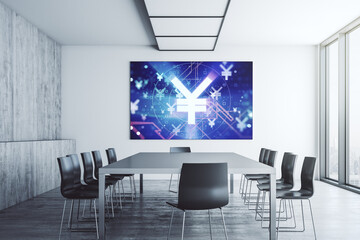 Creative Japanese Yen symbol illustration on tv display in a modern presentation room, forex and currency concept. 3D Rendering